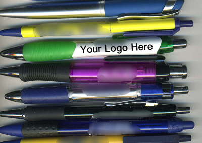 pens with blurred logos